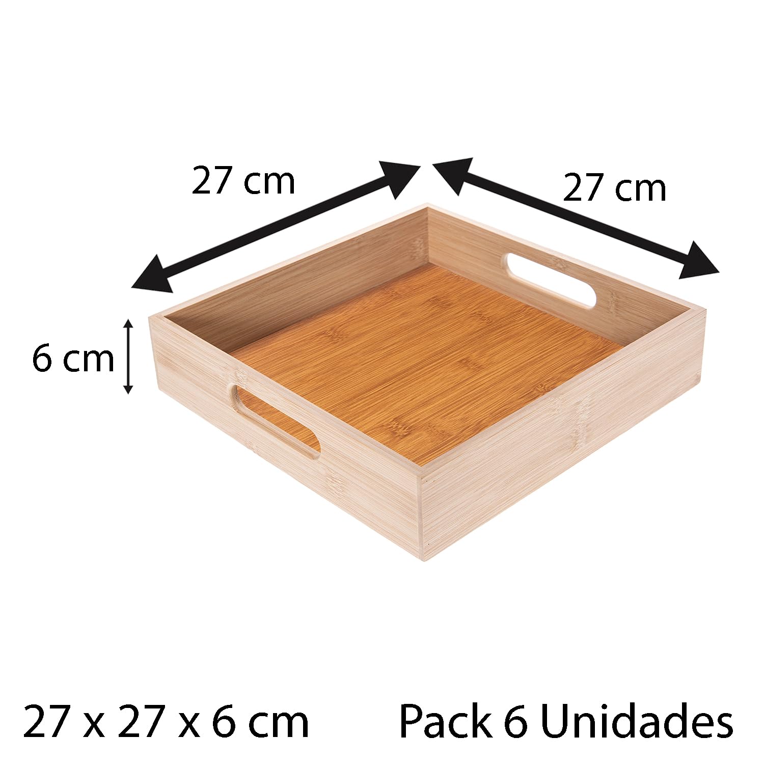 Pack 6 Bandejas de Bambú. Varios Tamaños a Elegir. Bandeja Cuadrada o Rectangular para Servir Comida, Decoración de Interiores, Centro de Mesa. para Hogares, Hostelería, Eventos (27 x 27 x 6 cm)