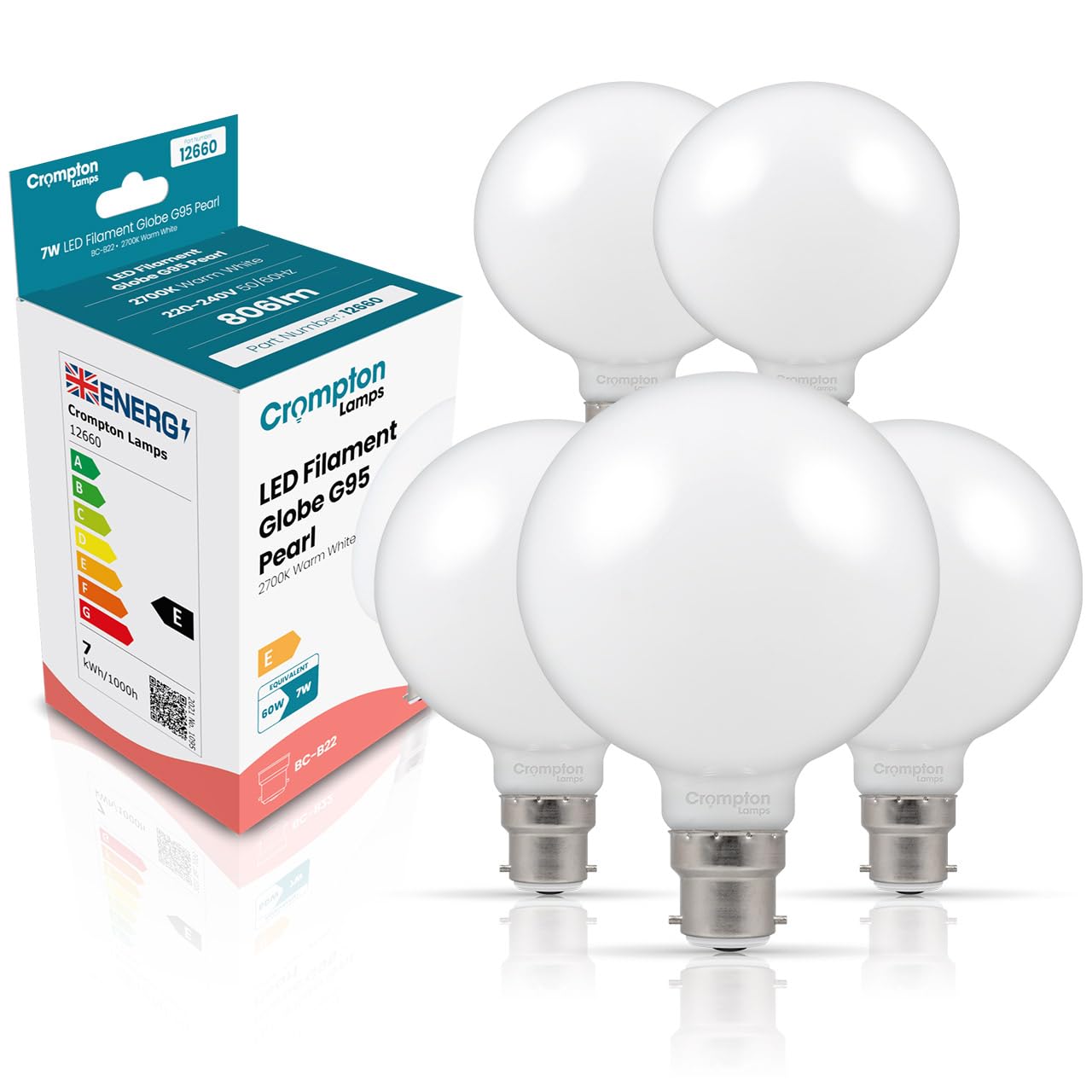 Crompton Lamps LED G95 Globe 7W BC-B22d Bayonet | 5-Pack Multi Pack | Large Bayonet Light Bulbs 95mm | 60W Warm White Equivalent | Dimmable Light Bulb | Energy-Saving Bulbs for Ceiling Lights