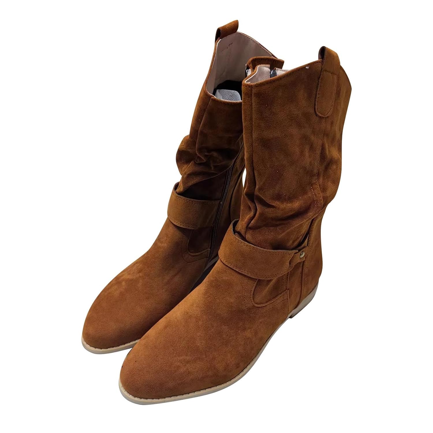 Womens Cowboy Boots Faux Suede Pointed Toe Chunky Block Heel Side Zipper Mid-Calf Boot Fall Boots for Women