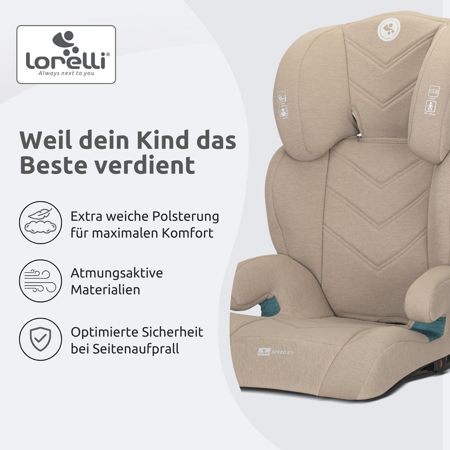 Lorelli Auto Kindersitz GT Speed mit Isofix, i-Size 100-150 cm, Mitwachsender Autositz für Kinder, Babysitz, Autokindersitz, Verstellbare Kopfstütze, Beige