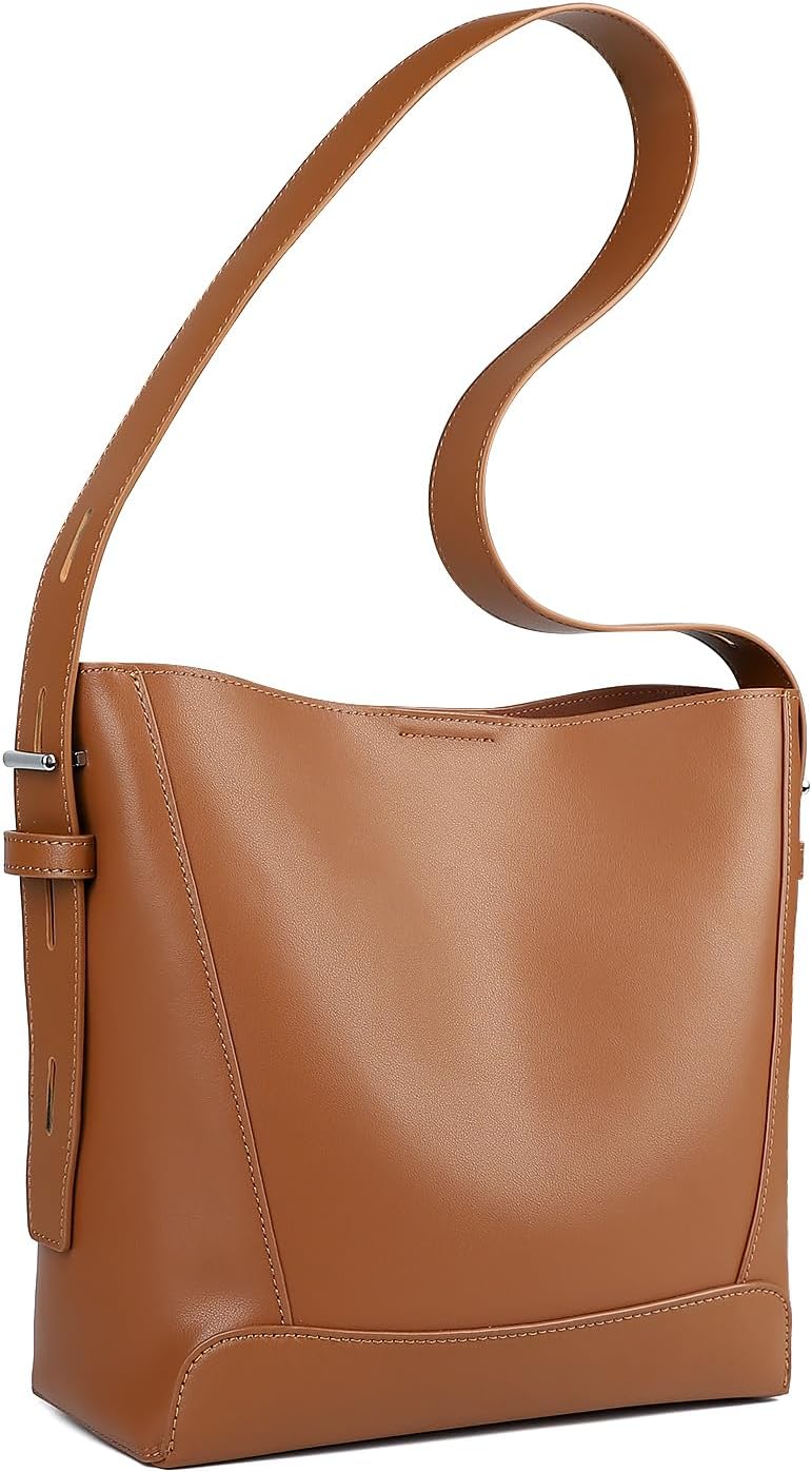 MFFOR Genuine Leather Tote Bag, Shoulder Purse for Women, Medium Bucket Handbags, Hobo Crossbody Bags, Adjustable Strap