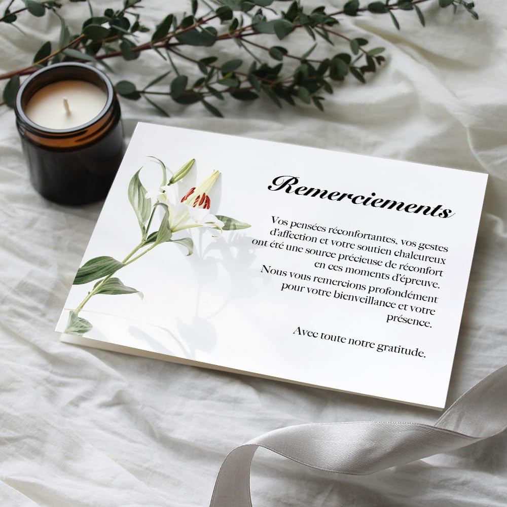 Lot de 30 Cartes Remerciement Deuil Condoléances Obsèques avec Enveloppes Format A6 Fleur de lys