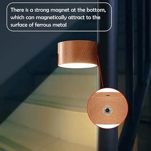 Vista 4 de LANDGOO Lámpara de noche de pared con pilas, luz de pared magnética de madera regulable, ángulo ajustable de 360°, lámpara inalámbrica recargable