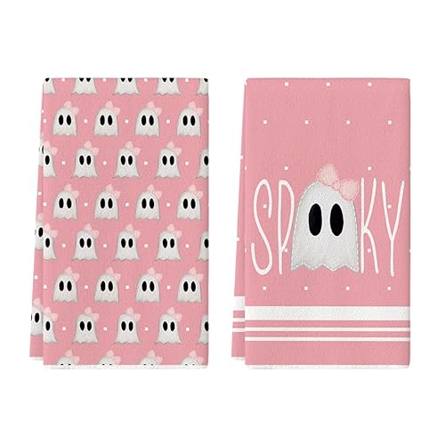 Artoid Mode Pink Ghost Spooky Halloween Kitchen Towels Dish Towels, 18x26 Inch Bow Knot Decoration Hand Towels Set of 2 - Pink