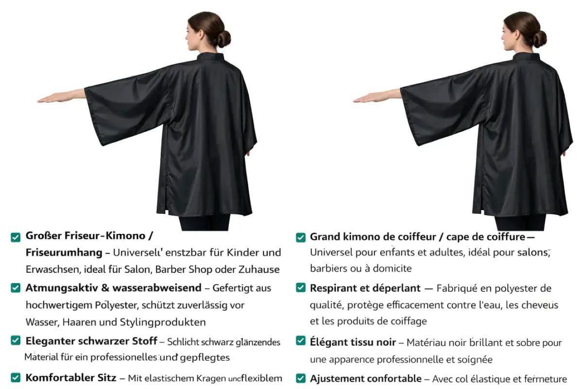 IC-collection Friseur Kimono Kittel mit Ärmeln – Großer Friseurumhang aus atmungsaktivem, wasserabweisendem Polyester, Profi-Arbeitskittel für Salon & Barber, Schwarz