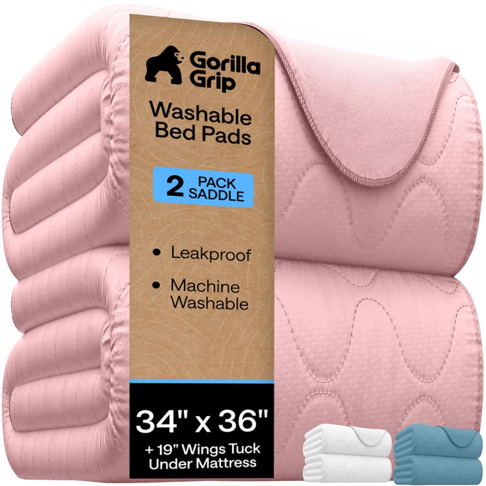 GORILLA GRIP Washable Reusable Underpads, 34x36+19in Wings, 2 Pack Pink
