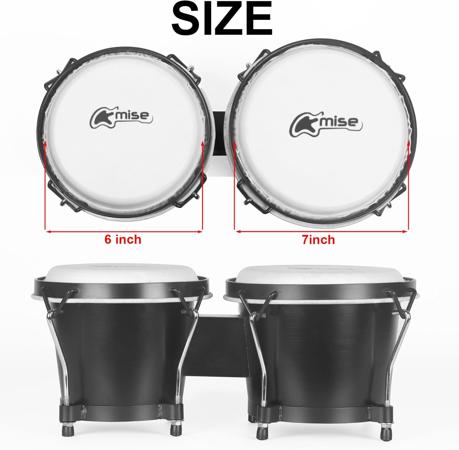 lotmusic Bongo Drums 6” and 7”, Black Wooden Percussion Instrument Bongos for Adults Beginners,Hand Drum with Carry Bag and Tuning Wrench for Education and Practice