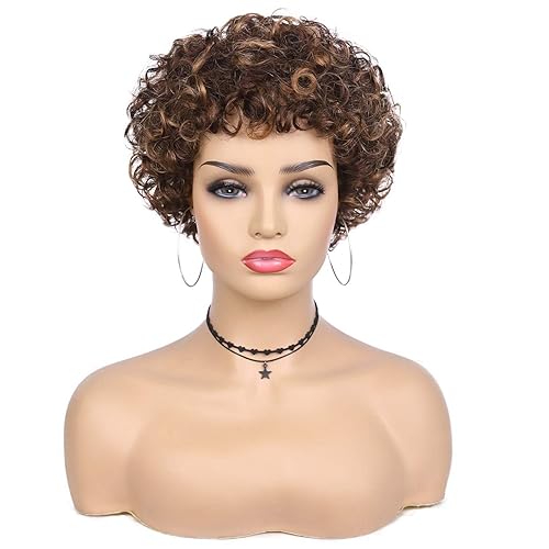 Miniatura 2 de Quantum Love Pelucas de cabello humano rizado corto para mujeres negras mezcla marrón 6 pulgadas afro rizado brasileño virgen pelucas cortas corte