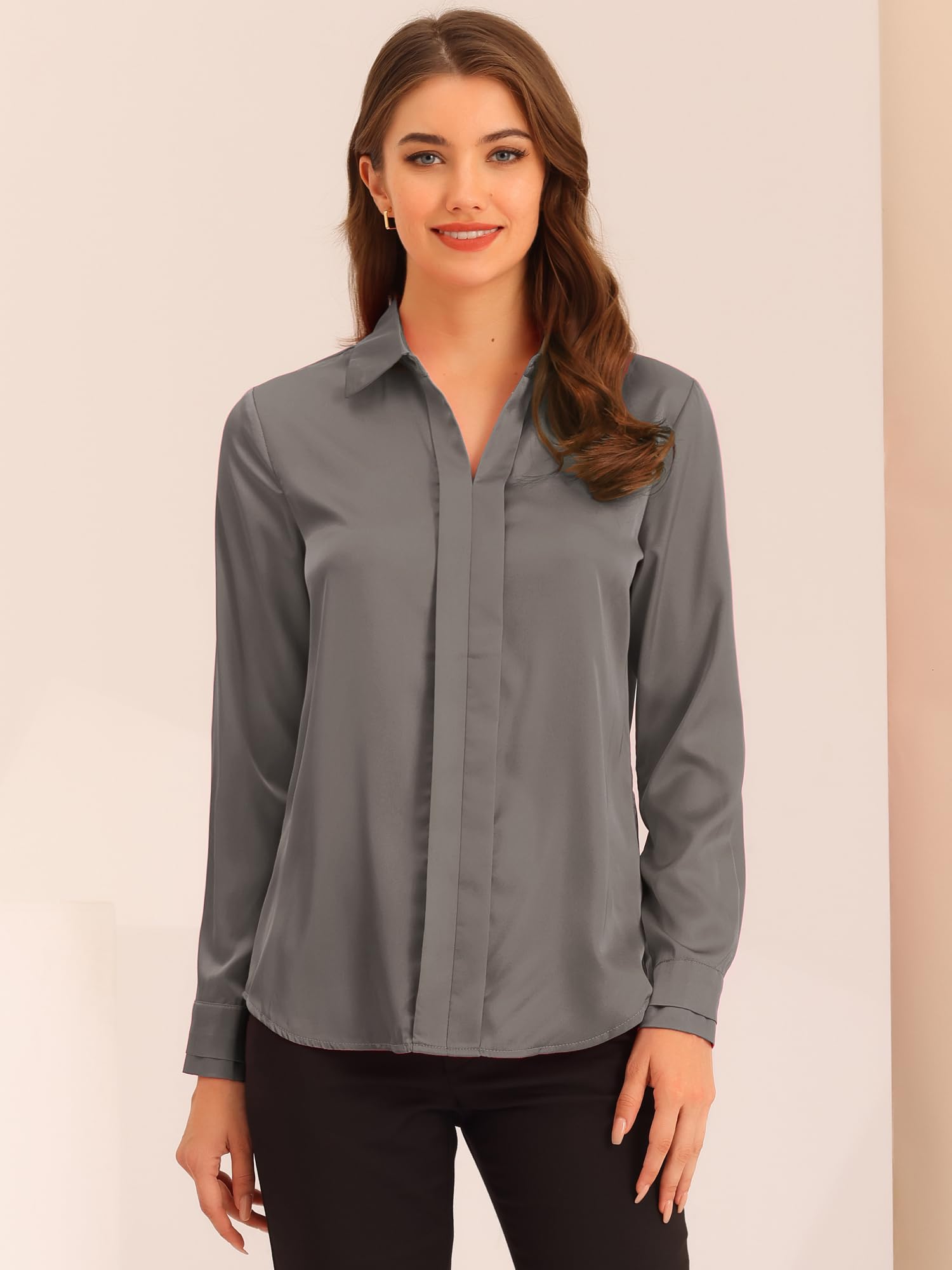 Allegra K Chemisier en satin élégant à manches longues et col en V pour femme, gris, Taille L