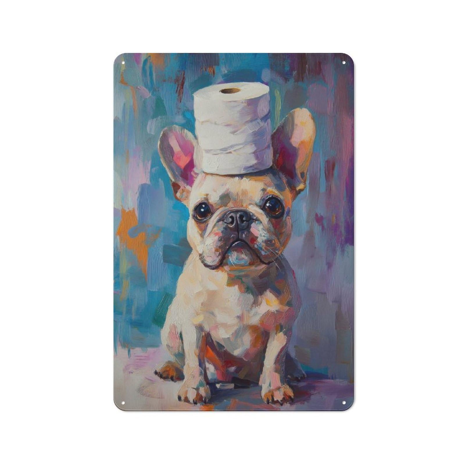 Junmoney Style-9 Garage Style Metal Wall Sign 30X20cm Featuring French Bulldog With Toilet Paper Hat, Garage Wall Decor For Garage, Hobby Room, Office Or Man Cave