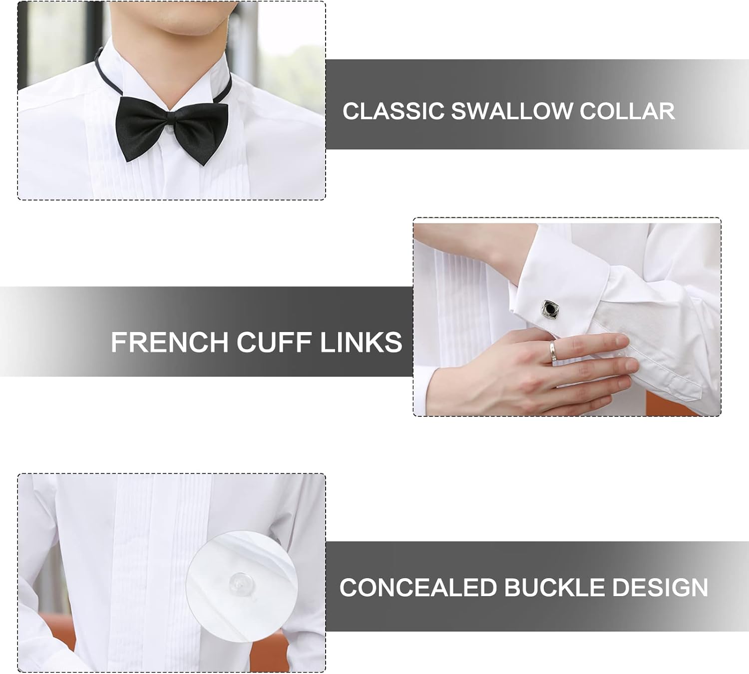Men's Tuxedo Dress Shirt Wing Collar Front Pleat French Cuffs with 2 Bow Ties Button Down Shirts - Image 5