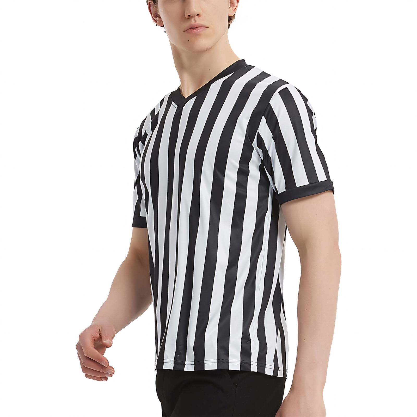 TopTie Camiseta de Árbitro Hombre Cuello de Pico Rayas Clásicas Blanco y Negro