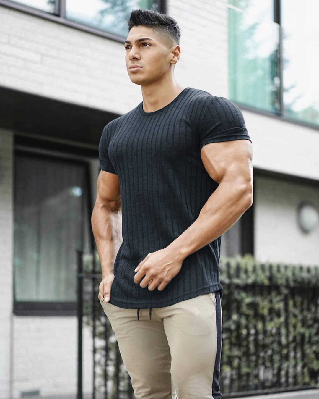 URRU T-shirt extensible à manches courtes pour homme - Coupe ajustée, bleu marine, Taille XL