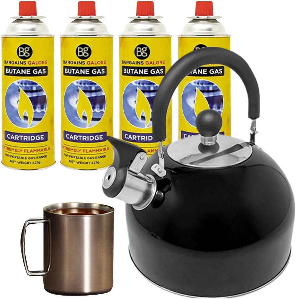 2.5 Litre Camping Kettle and 4 Butane Gas Canisters – Metallic Black Stainless Steel Whistling Kettle – Fishing, Camping, Hiking, Indoor & Outdoor | for Gas Stove, Stove, Camp Fire – EN417 Bottles