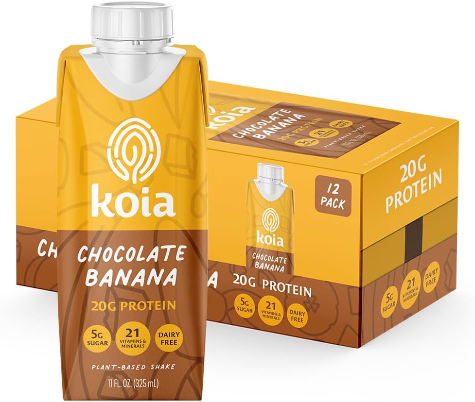 Koia Plant Based Protein Shake, Chocolate Banana, 20g Protein, 5g Sugar, 6g Prebiotic Fiber, 21 Vitamins & Minerals, Meal Replacement Drinks, Dairy-Free, Gluten-Free, Non-GMO, 11 Fl Oz (Pack of 12)