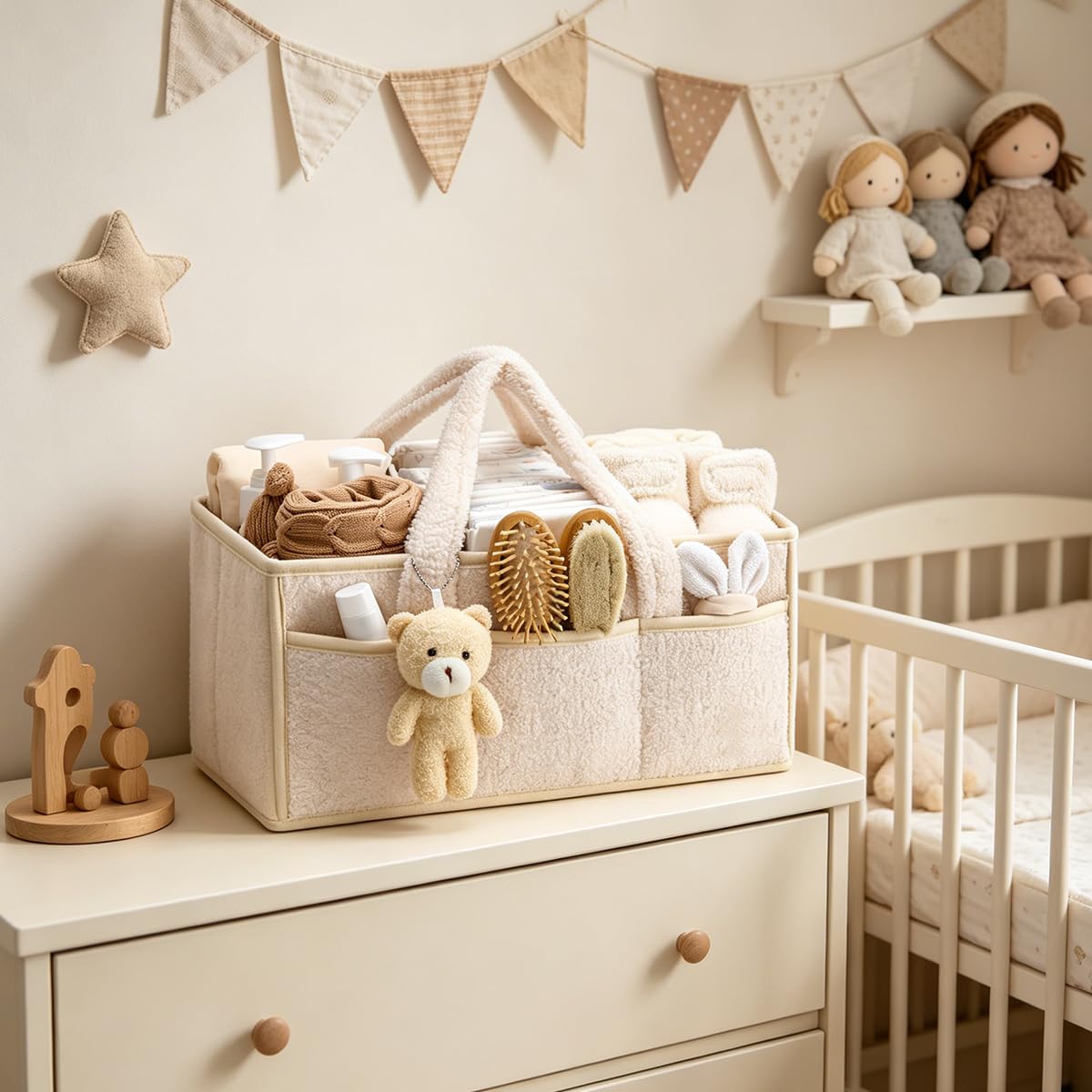 Organizer per Pannolini, Borsa Porta Pannolini Organizer con Scomparti Rimovibili, Portatile Cestino Portaoggetti per Pannolini, Sacchetto per Salviette, Neonati (Beige)