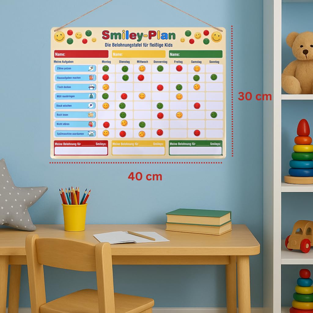 Belohnungstafel aus Metall, für Kinder, Smile-Plan, 30 x 40 cm, Magnetische Aufgabentafel mit beschreibbaren Magneten und vorgefertigten Hausaufgaben und Pflichten, Planer für Kinder