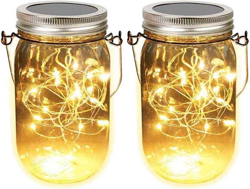 Hanging Solar Mason Jar Lid Lights, 2 Packs 20 Led String Fairy Lights,2 Hangers and Jars Included. Great Outdoor Lawn Decor for Patio Garden, Yard and Lawn.