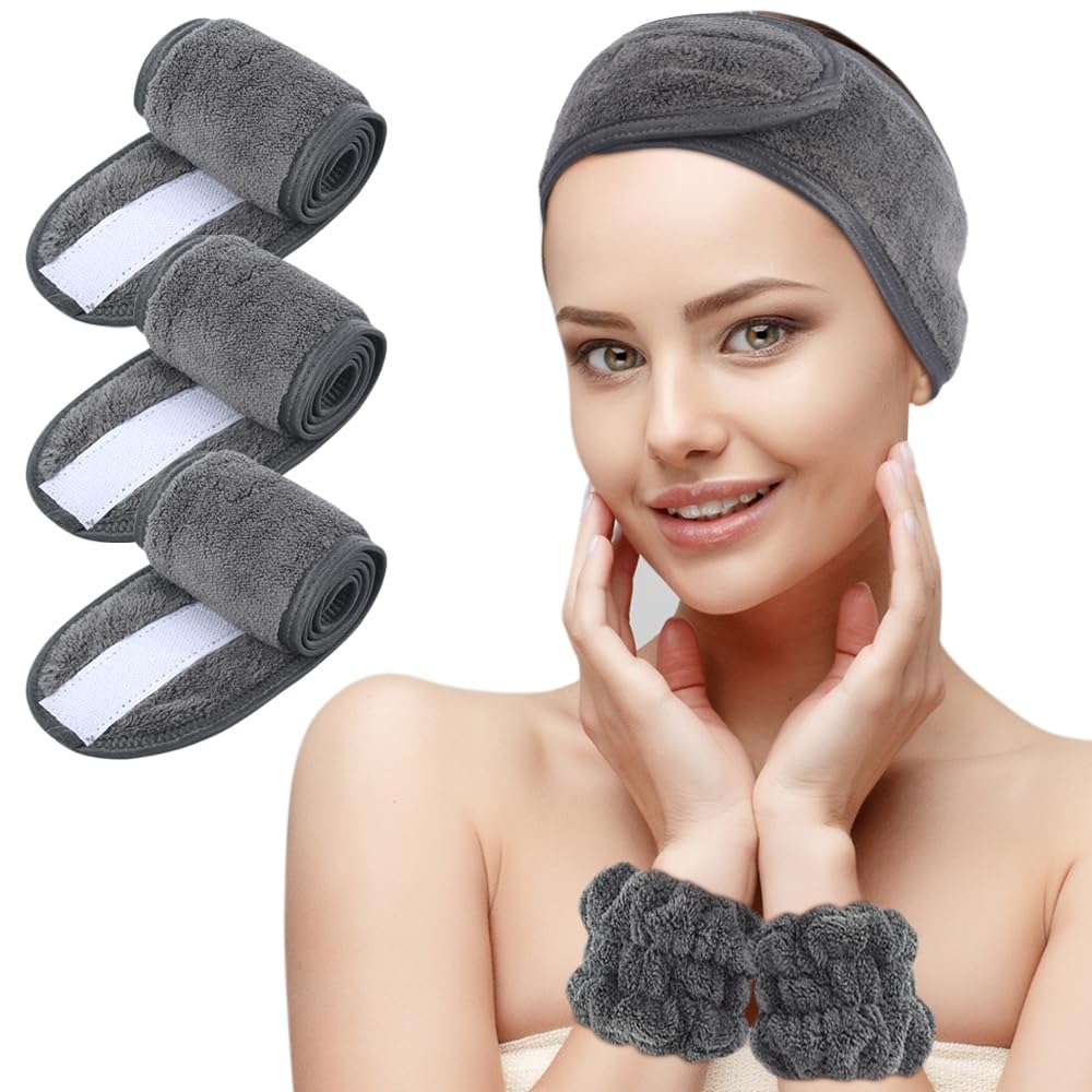 KinHwa Spa Facial Hoofdband Met 2 Pack Wrist Washband Make-up Haarband Vrouwen Huidverzorging Verstelbare Microvezel Hoofdband voor Wassen Gezicht Sport Yoga Grijs