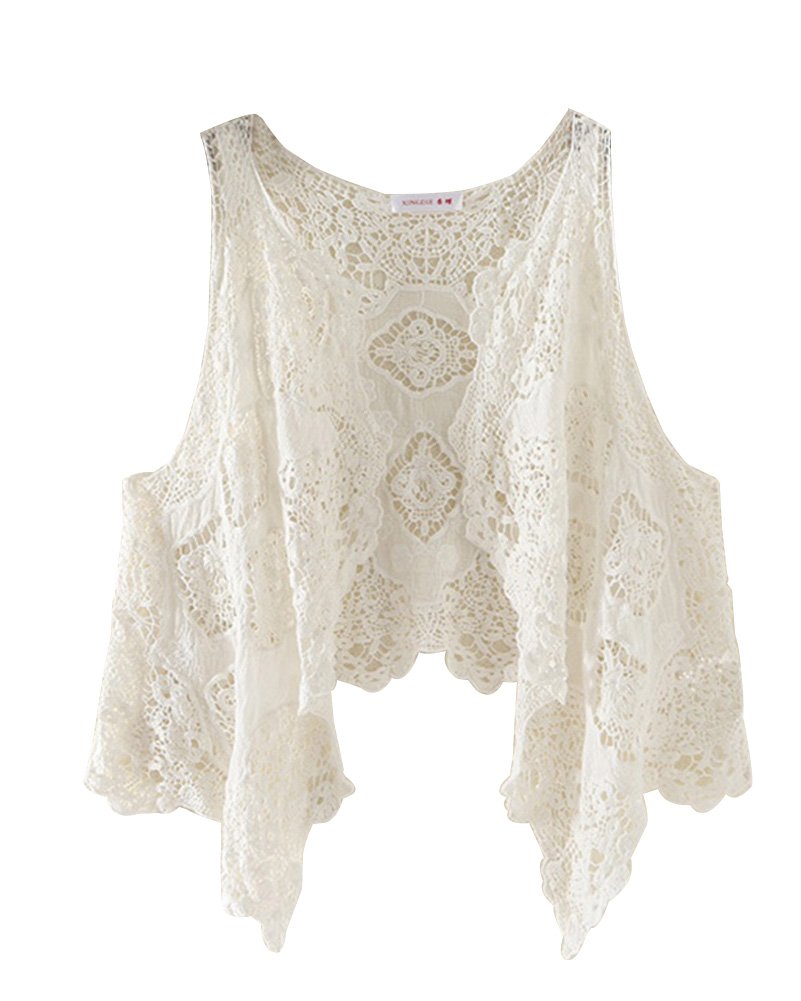 Laozan Women's White Open Stitch Cardigan Boho Hippie Butterfly Crochet Vest