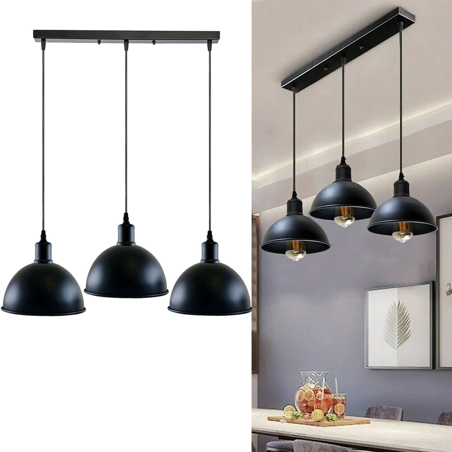 LEDSone Vintage Industrial 3 Head Ceiling Pendant Light Black Hanging Light Metal Dome Shape Shade Indoor Light Fitting for Hotel, Restaurants, Bar, Dining Room