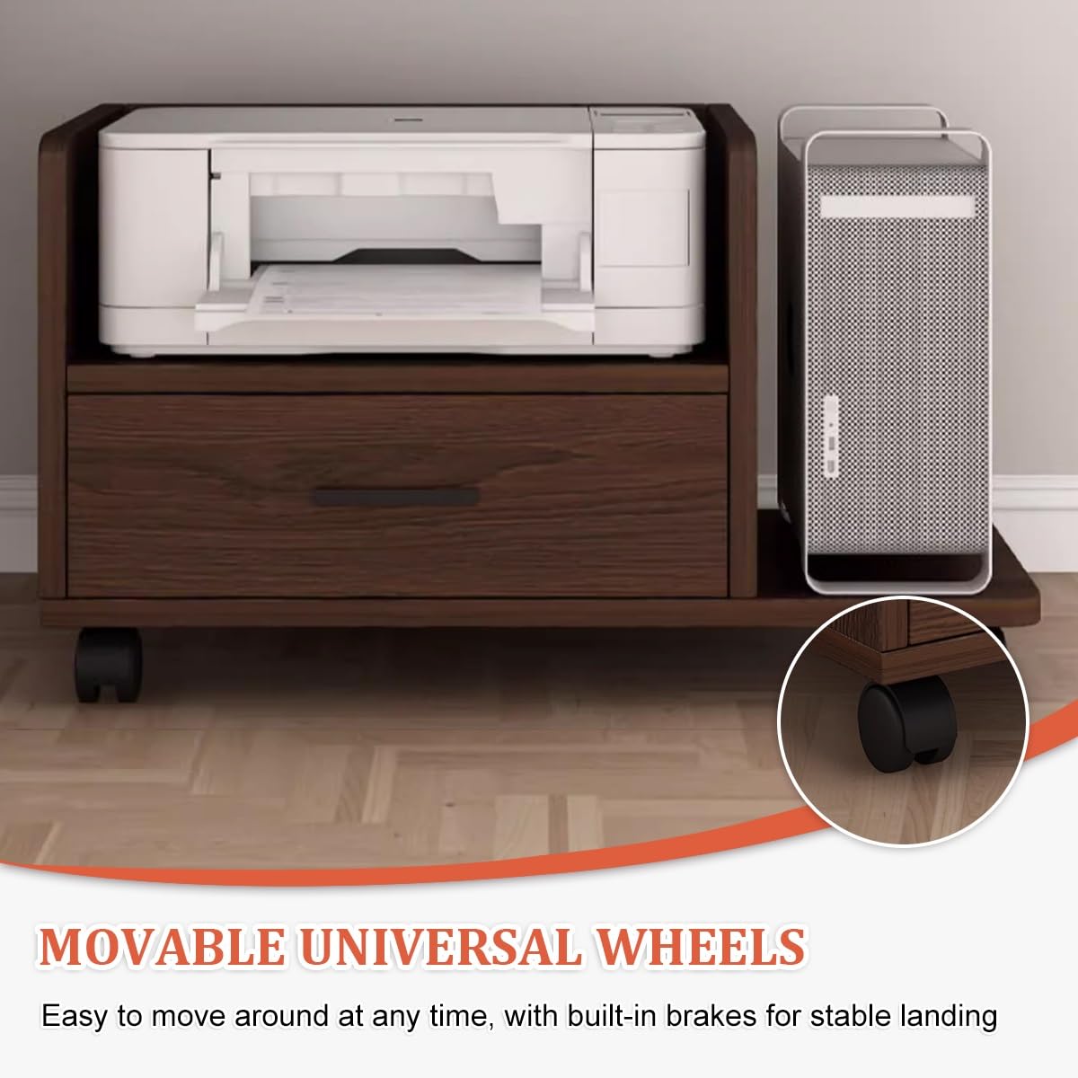 Supporto Stampante da Scrivania con Ruote, Mensola in Legno con Rotelle Bloccabili, Mobiletto Stampante Compatto con Cassetto, per Casa e Ufficio(White,L*W45*40cm/18 * 16")
