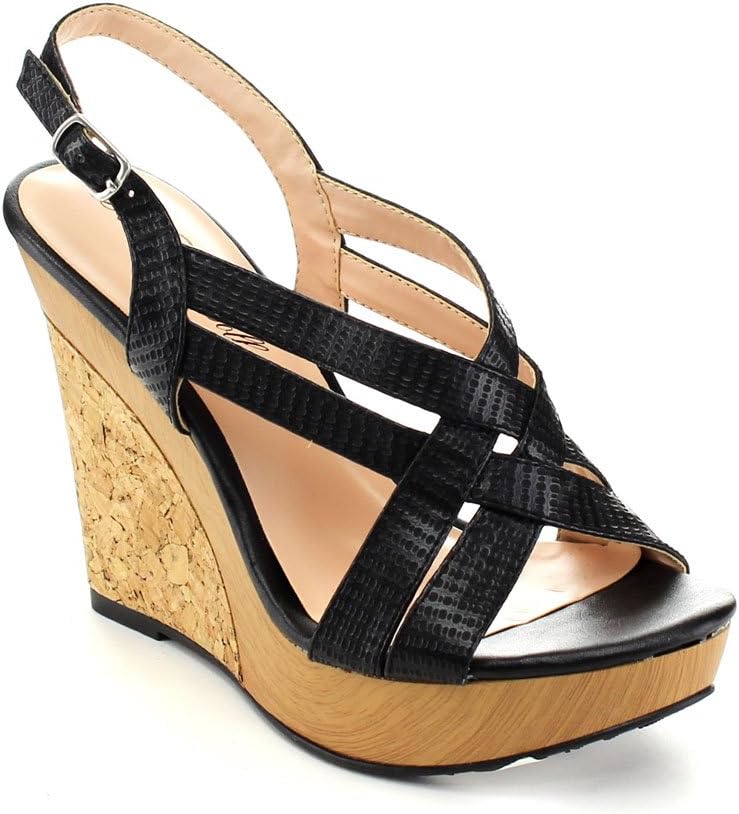 De Blossom Collection Beach-120 Womens Sling Back Platform Wedge Sandals,Black,10