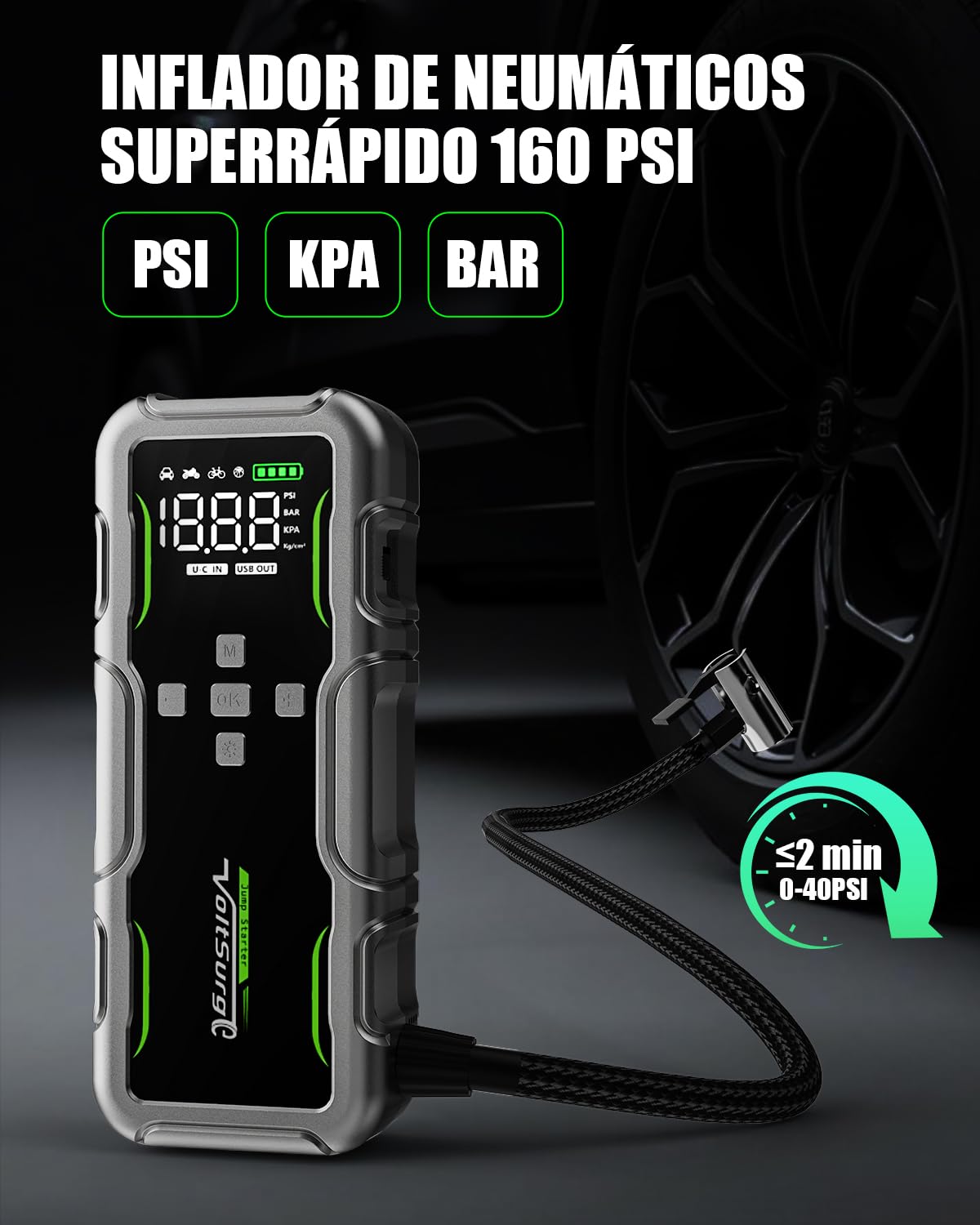 7000A Arrancador de Baterias de Coche con Compresor de Aire, Arrancador de Coches con 160PSI Inflador de Neumáticos, 12V Jump Starter (Todo Gasolina o 12L Diésel) con Pinzas de Seguridad, Lumen LED