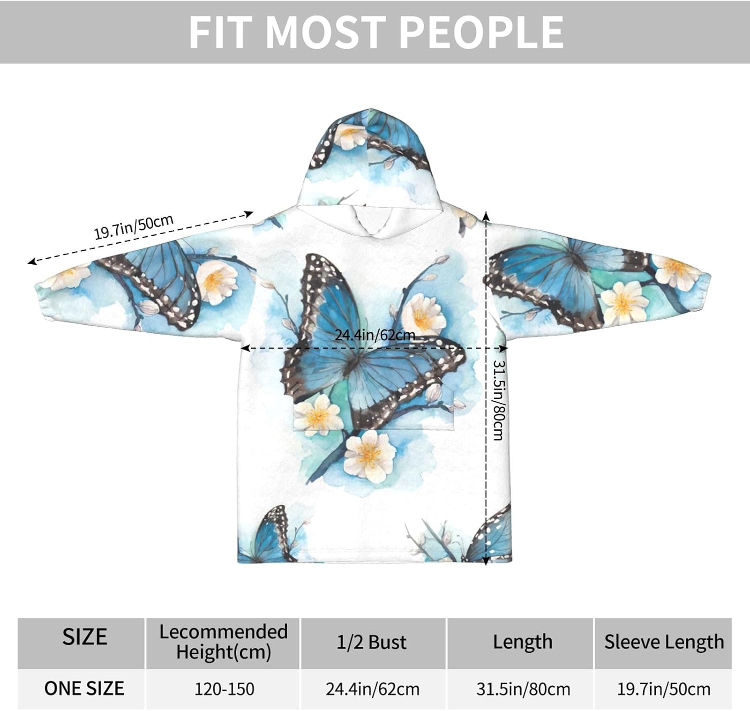Blue Butterfly On Blossom Flower Print Oversized Blanket Hoodie, Wearable Blanket Hooded,Hooded Pullover With Pocket