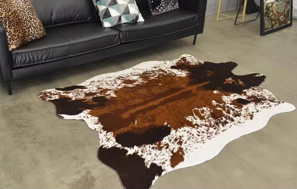 Tapis de Vache à la Fourrure d'Art Tapis Non Glissé en Polyester Brun pour le Salon et la Chambre, 200 x 140 cm