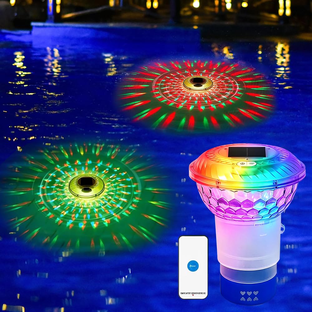 Diffuseur Chlore Piscine, Distributeur de Chlore Flottant avec Lumière Colorées Solaire, Flotteur Chlore Piscine avec Télécommande, Libération Réglable Doseur Flotteur, Lampe Décorative RGB