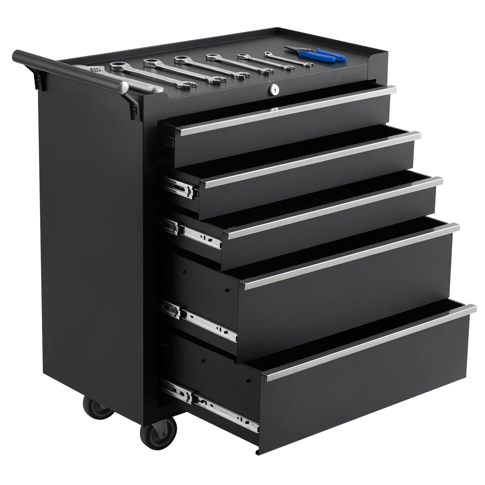 PrecisionAuto 5-Drawer Rolling Tool Chest, with Wheels and Lock, Portable Storage Organizer, Secure Toolbox with Key System, Mobile Cabinet for Workshop, Repair Shop, Warehouse, Black