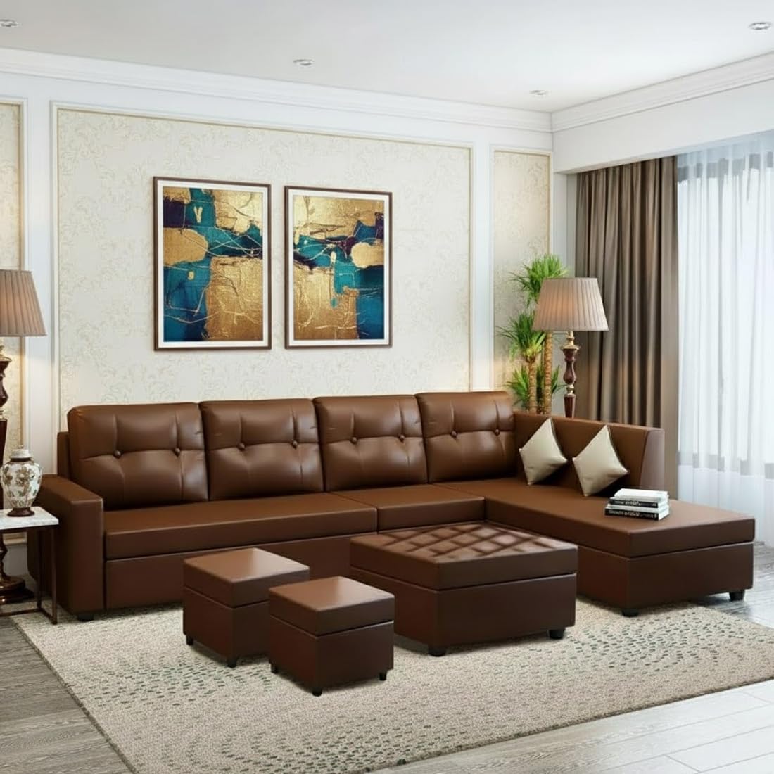 FURNY Nathan 8 Seater Leatherette RHS L Shape Sofa Set with 1 Centre Table & 2 Puffy (Brown) Premium Finish Durable Comfort Ideal for Living Room