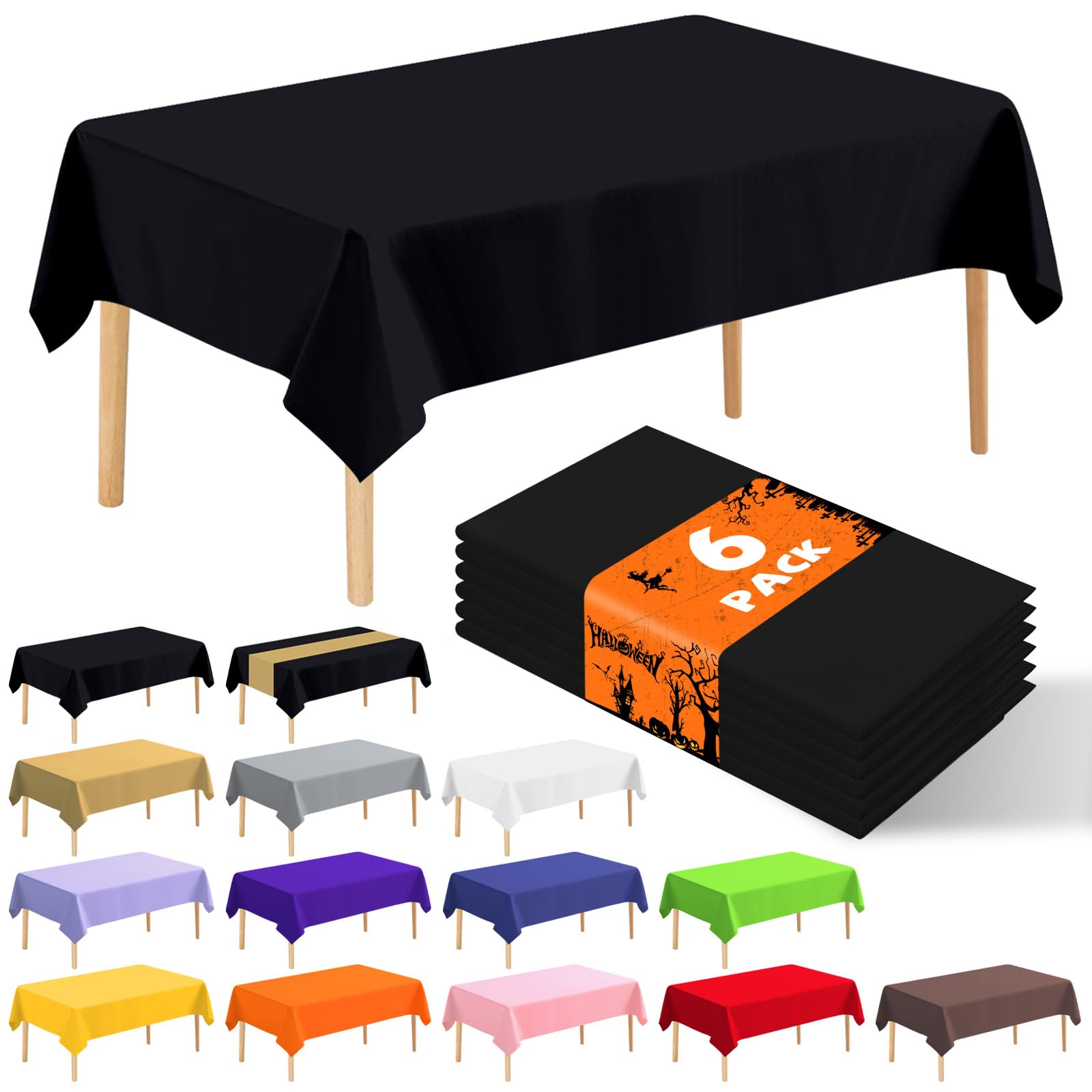 6 Pack Premium Disposable Plastic Tablecloth 54'' x 108'' Party Table Cloths Disposable for 6 to 8 Foot Tables Indoor or Outdoor Parties Birthdays Weddings Christmas Anniversary Buffet Table (Black)