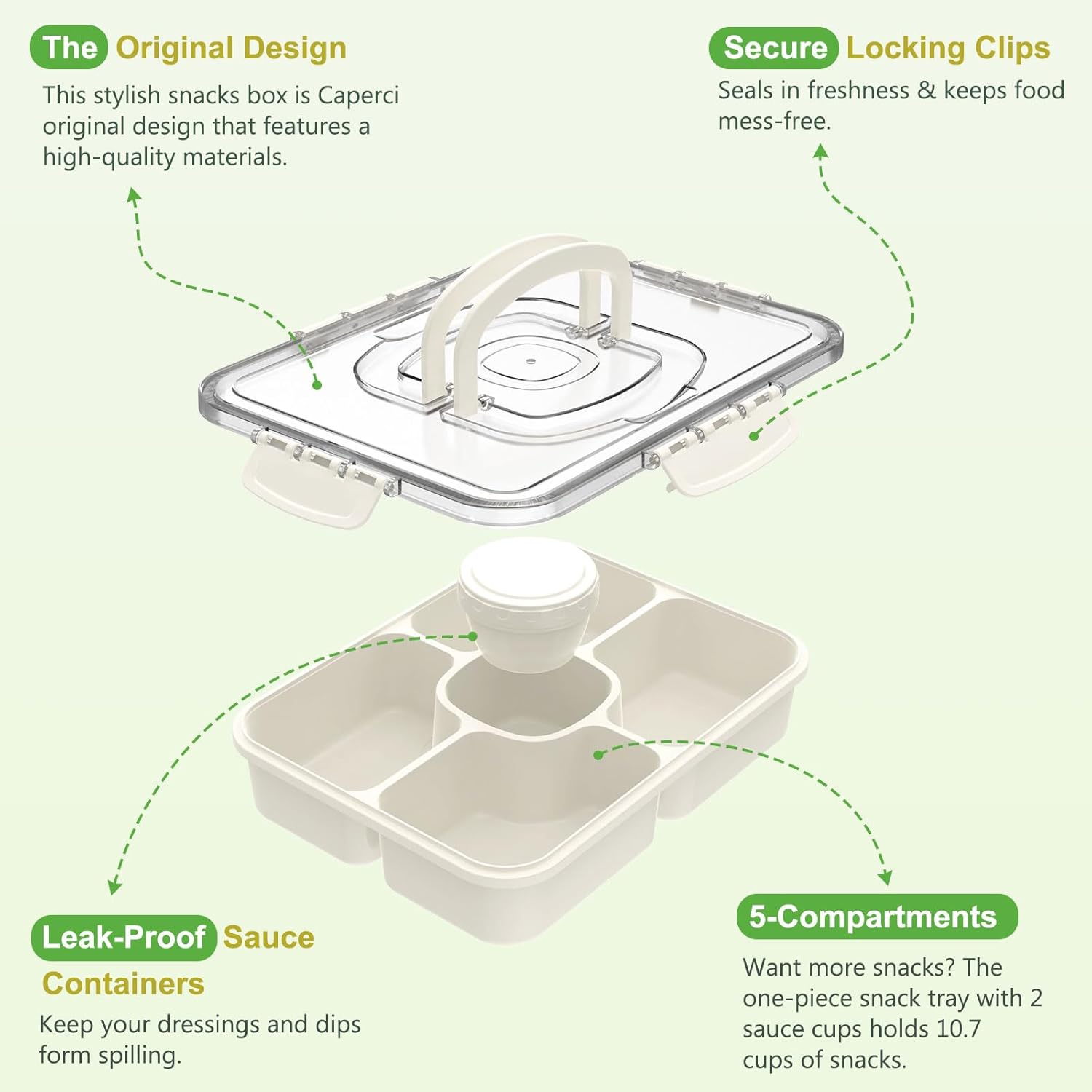 Caperci 2 Pack Large Portion Snackle Box Container - 5 Compartments Veggie Fruit Snack Divided Serving Tray with Lid & Dip Container for Party Picnic, Leak-Proof, Dishwasher Safe, BPA-Free (Set of 2)