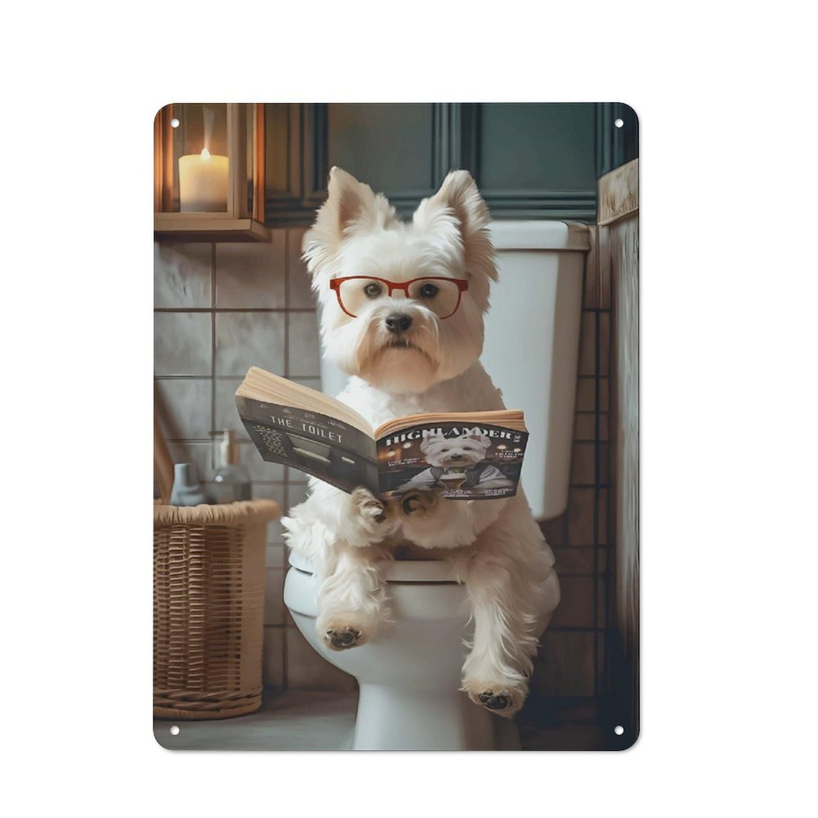 Junmoney Dog Reading On Toilet Classic Metal Wall Decor 40X30cm, Decorative Metal Sign For Workspace, Cafe, Shop Or Desk Area