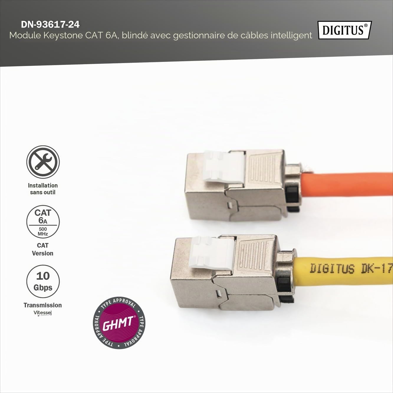 DIGITUS Module Keystone Cat 6A – 24 pièces – Organisateur de câbles | Blindé – Sans outil – LSA – PoE++ – AWG 26-22 – prise RJ45 – 500 MHz 10Base-T – 10 Gbit/s – Pour panneaux de brassage
