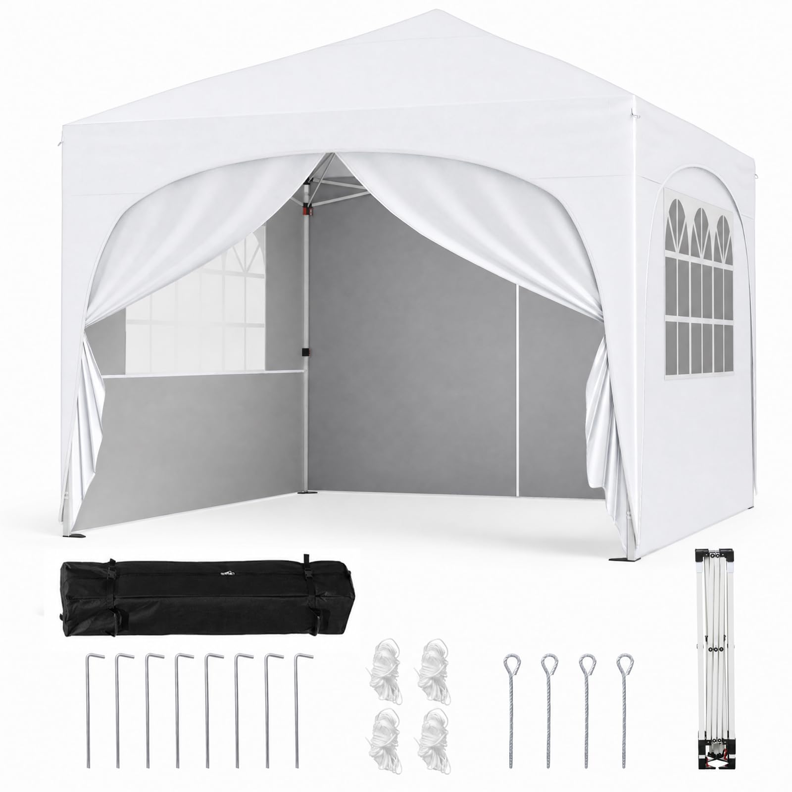 RELAX4LIFE Tonnelle Pliante 3x3 Imperméable avec Parois, Barnum Pliant 3x3 Facile à Monter, UV50+, Cadre Métallique, Sac de Sable, Sac à roulettes, Tente de Réception pour Camping Marché (Blanc)