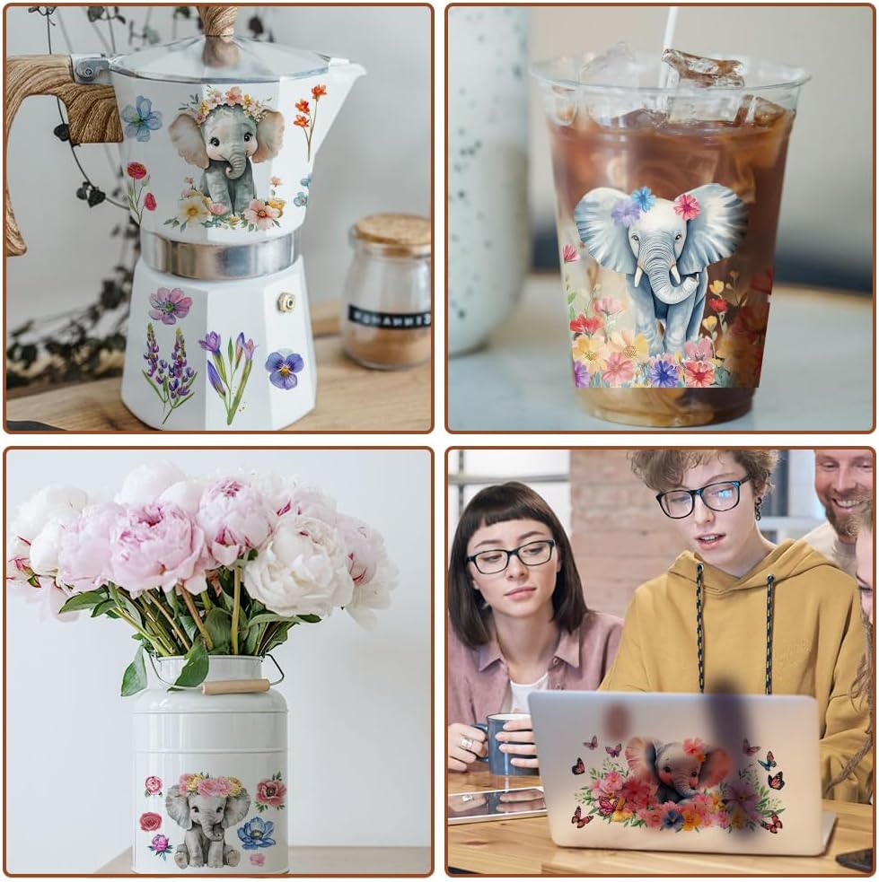 10 Sheets Elephant UV DTF Cup Wraps, Watercolor Flower Elephant Animals Rub on Transfers Decal Waterproof UVDTF Cup Wraps for 16 OZ Glass Cups Furniture Decor