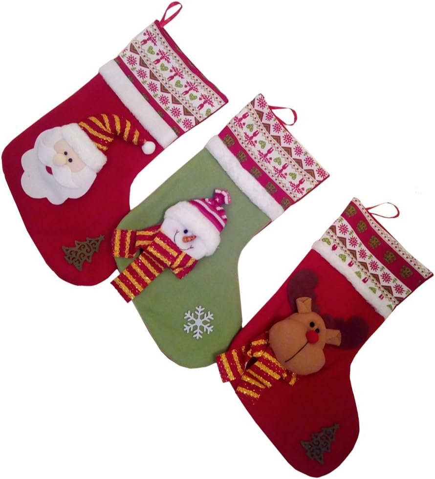 Christmas Stockings Set of 3 Santa, Reindeer, Snowman Xmas Character 3D Plush 14 Inch with Hanging Tag Knit Border Red White and Green Colors by DecoSeason