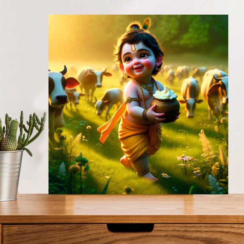 Image of British Terminal Cute little Bal Gopal Baby God Krishna| Kanha Ji | Laddu Lord Makhan Chor Painting Religious Poster for Pregnant Women for wall (matt thin vinyl,sticker,multicolor,unframed)| bj64