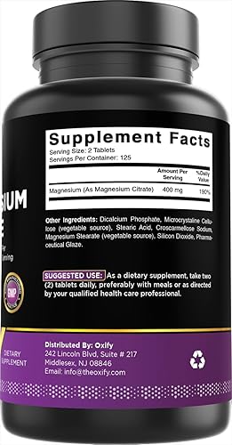 Miniatura 6 de Oxify Citrato de magnesio 400 mg 250 tabletas Sin gluten, sin OMG Suplemento fabricado en Estados Unidos