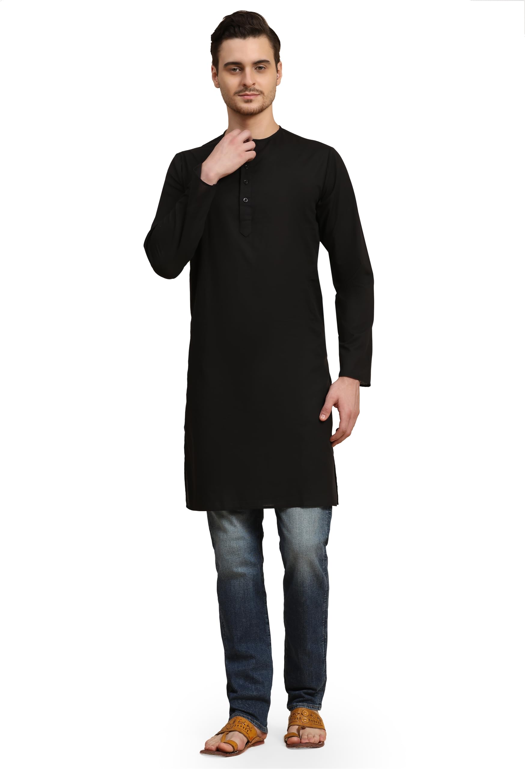SKAVIJ Kurta for Men Cotton Long Indian Shirt (Large, Black)