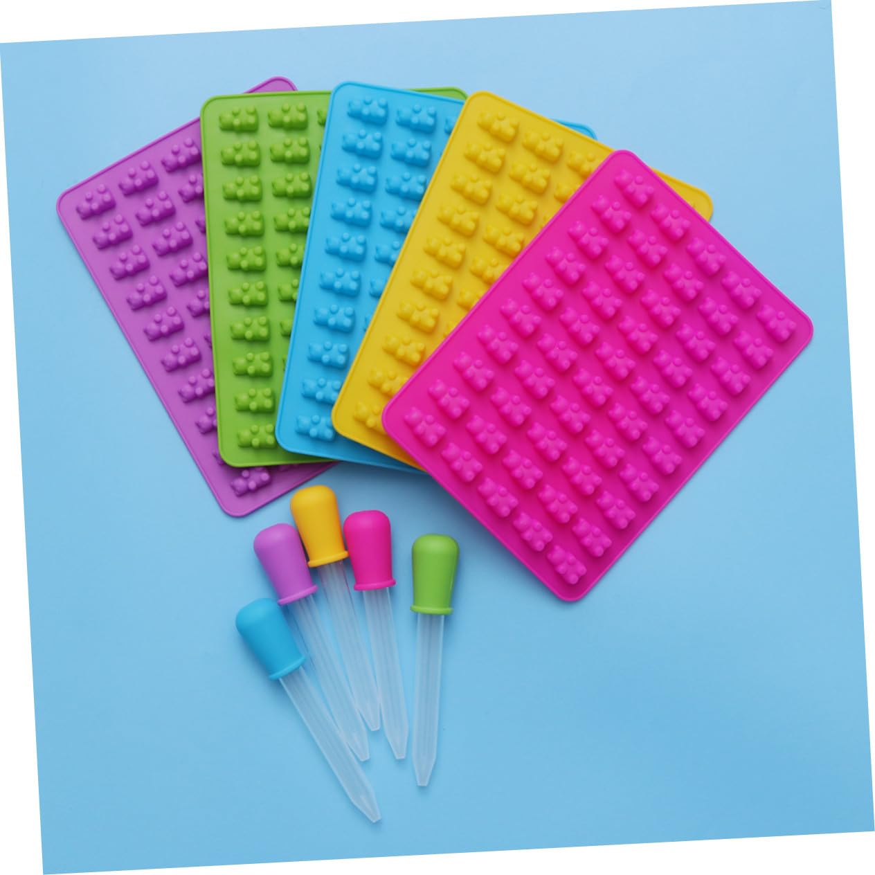 5sets Stampo Forma di Orso in Silicone per Cioccolatini e Caramelle con Contagocce per Dolcetti Azzurro Verde Rosa Giallo