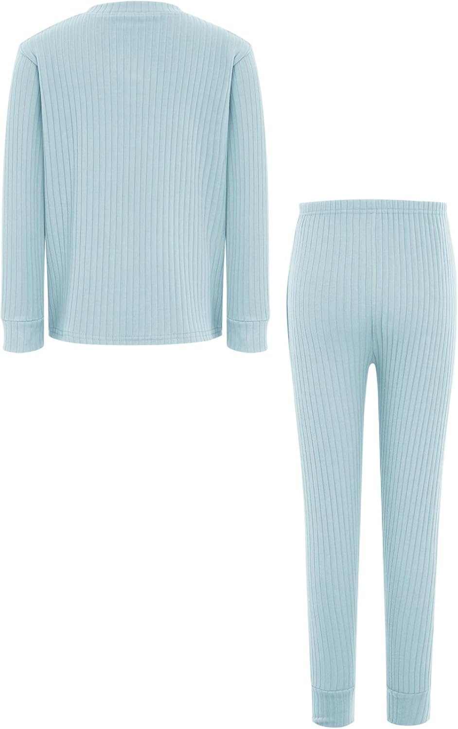 Kids Girls 2Pcs Thermal Underwear Long Sleeve Pullover Tops Pants Long Johns Set Base Layer Outfit Light Blue 5-6 Years