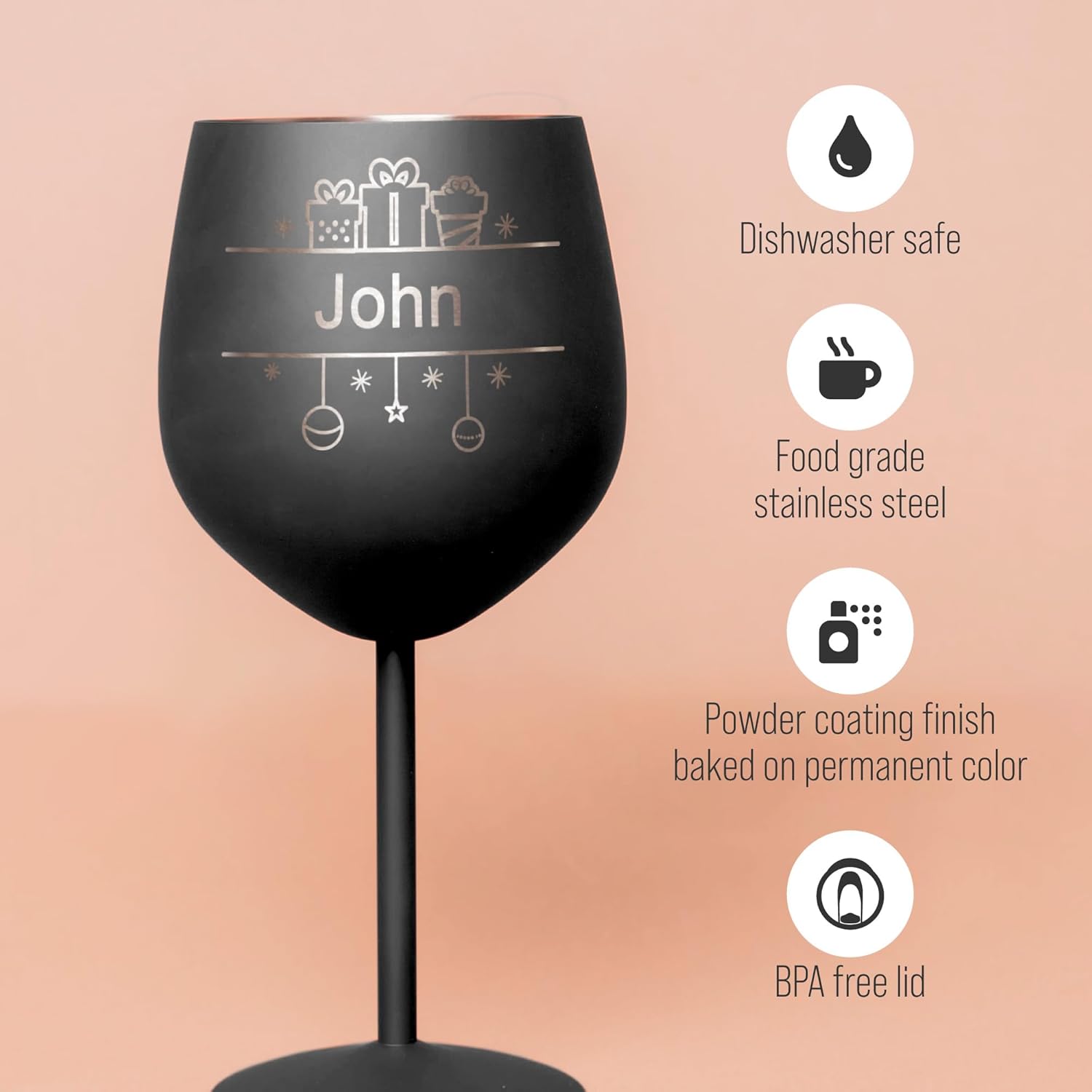 Custom christmas stainless steel wine glasses, personalized 18 oz unbreakable metal powder coated brushed wine goblet, engraved corporate holiday employee gift cup for red wine white wine