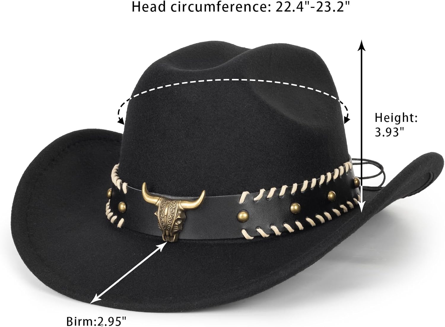 Wide Brim Men and Women's Western Cowboy Hat Fedora-Jazz-Hat with Bull Head Band Decoration - Image 5