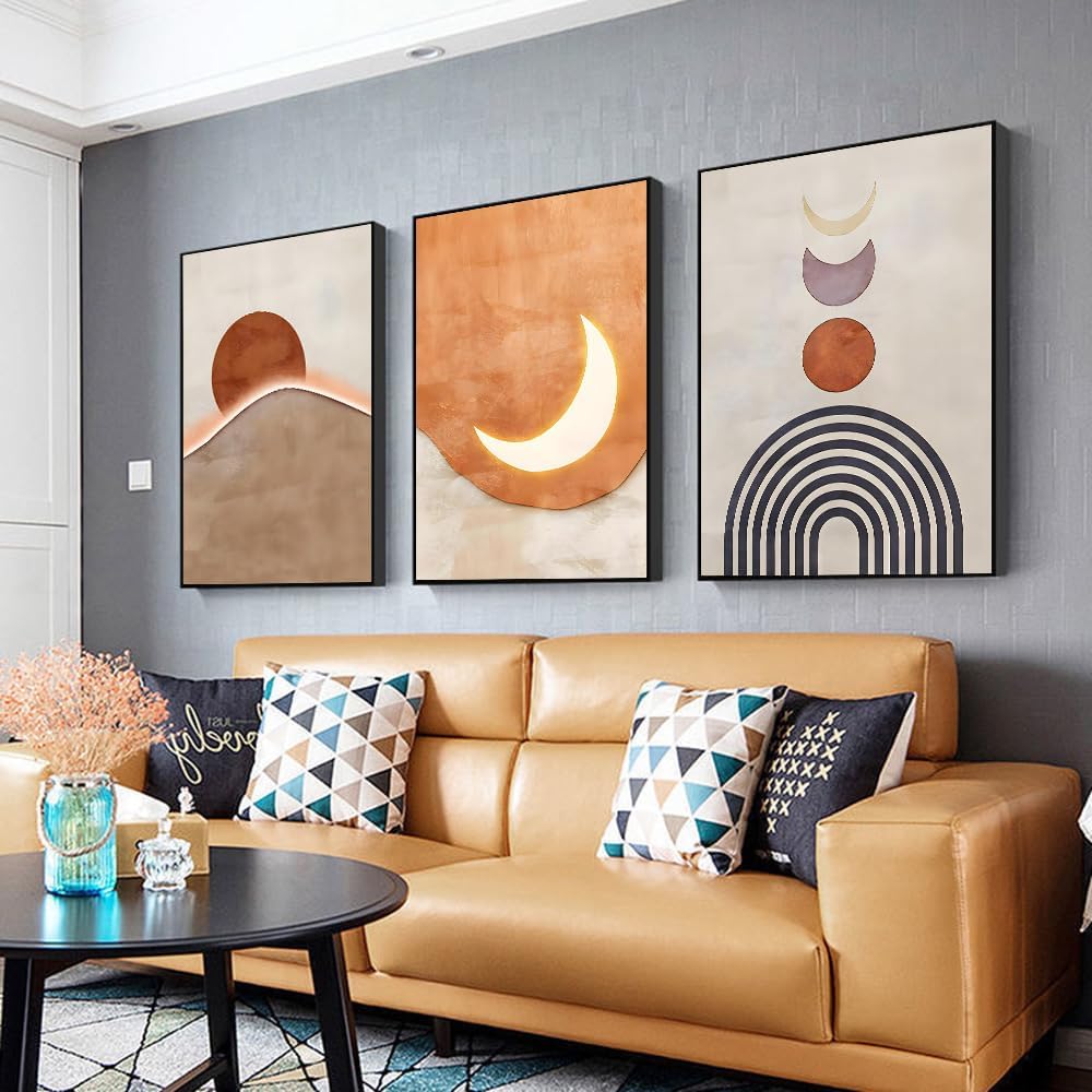 ARTKN Minimalist Orange Abstract Geometric Wall Art for Living Room Bedroom,Large Framed Boho Wall Art Set of 3,Warm Tone with Mid Century Prints of Sun Moon Mountain(Orange, 24 X 32 X 3 pieces)
