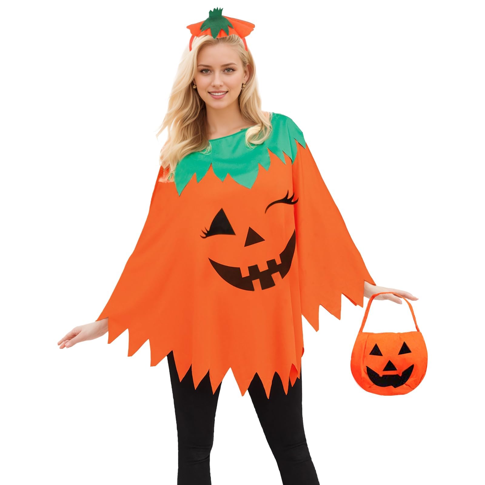 ALUNME Halloween Costumes Woman Pumpkin Ghost Skeleton Halloween Poncho for Women With Headband (orange clothes)