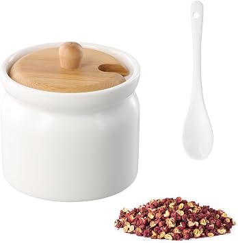 Ceramic Sugar Bowl with Lid 180ml, Bamboo Cover Sugar Container with Spoon, White Ceramic Canister for Tea Coffee Salt Storage